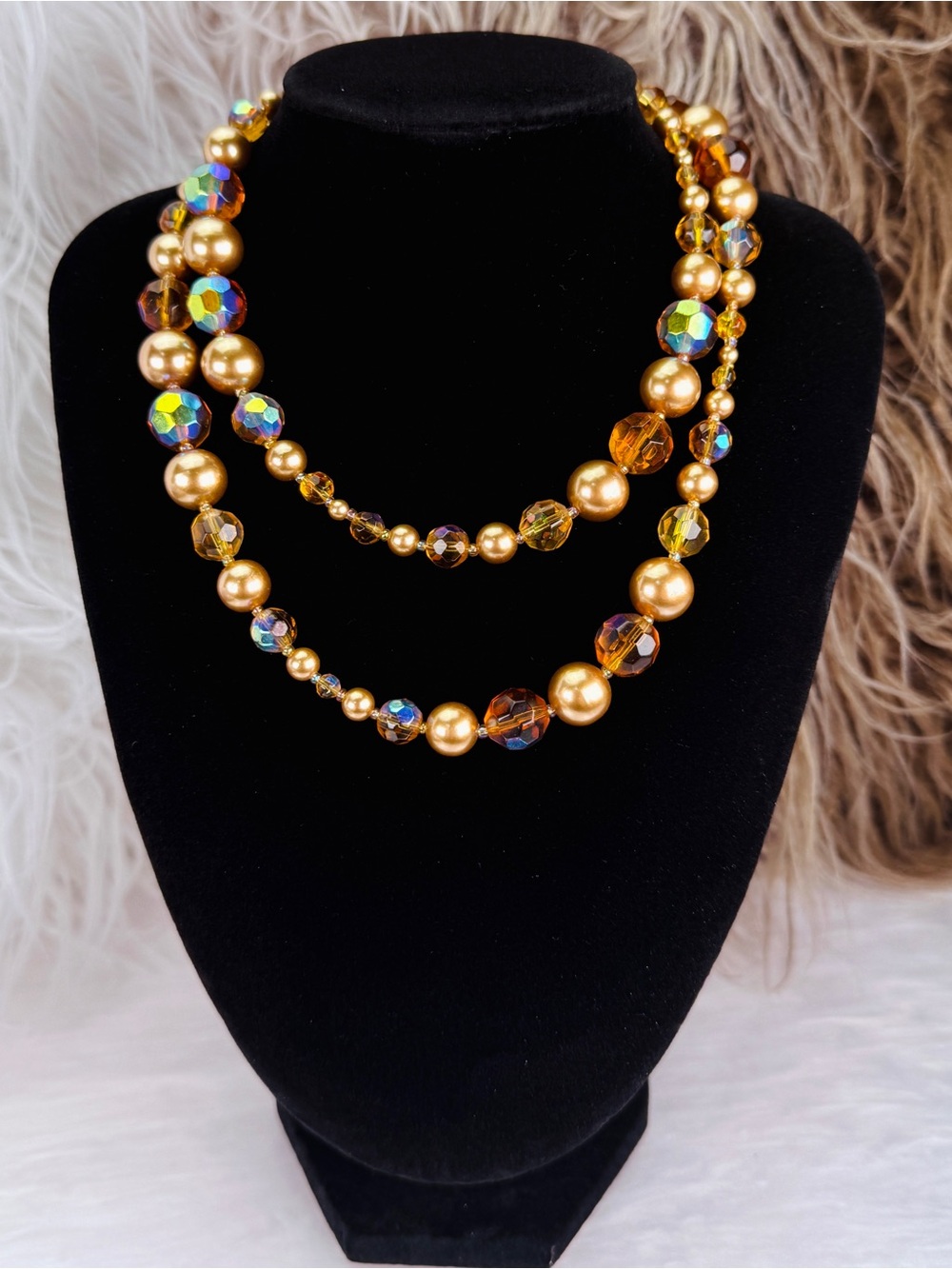 Long Amber Gold Tone Faceted Bead Statement Necklace Layering Jewelry